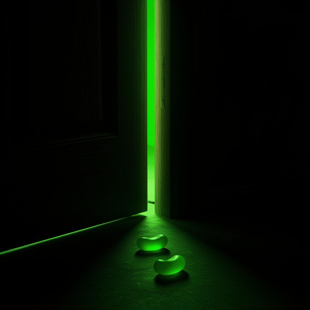 A partially open door spilling vibrant green light onto the floor